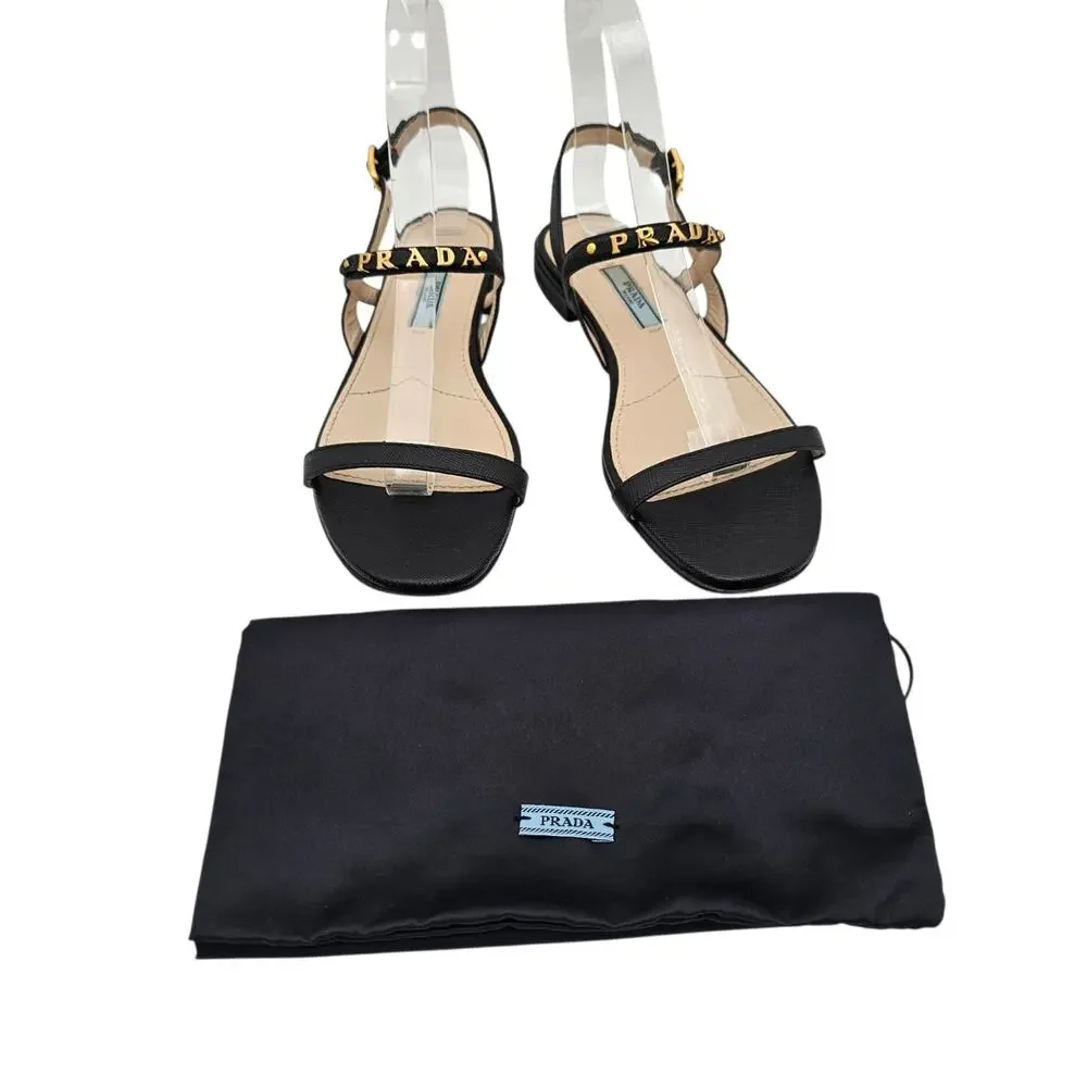 Prada Logo Black Leather Flat Ankle Strap Sandal Gold Buckle Size 36.5 6.5